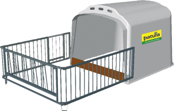 Kalverhut XL met omheiningmet harthouten drempel,
5-voudige emmerring en transporthaak